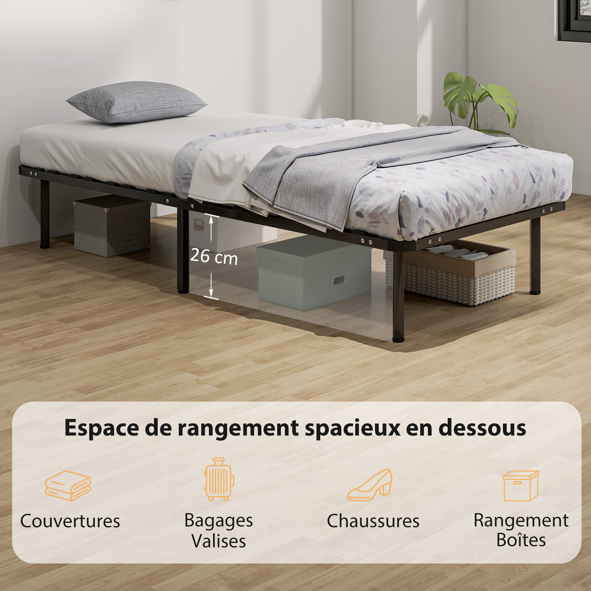 Cadre de lit 90 x 190 cm, lit simple avec sommier à lattes en bois massif et pied, avec rangement au-dessous, noir-5