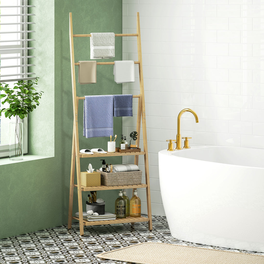 Étagère salle de bain en bambou pliable 3 niveaux étagère à échelle porte-serviettes 53,5x30x153cm effet bois naturel-1