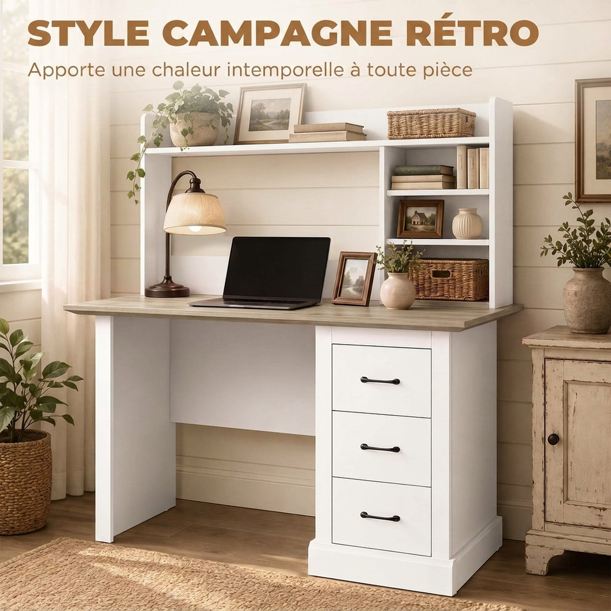 Bureau Informatique avec 3 Tiroirs, 120x55cm, Bureau avec Rangement, Étagères Ouvertes et Large Plateau, Chêne et Blanc-6