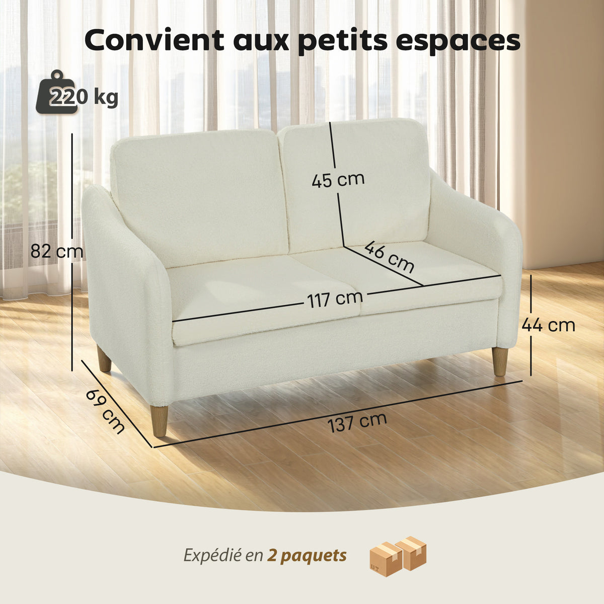 Canapé 2 places, canapé de salon en tissu bouclette avec coussins inclus, assise rembourrée, 137 x 69 x 82 cm, crème-2