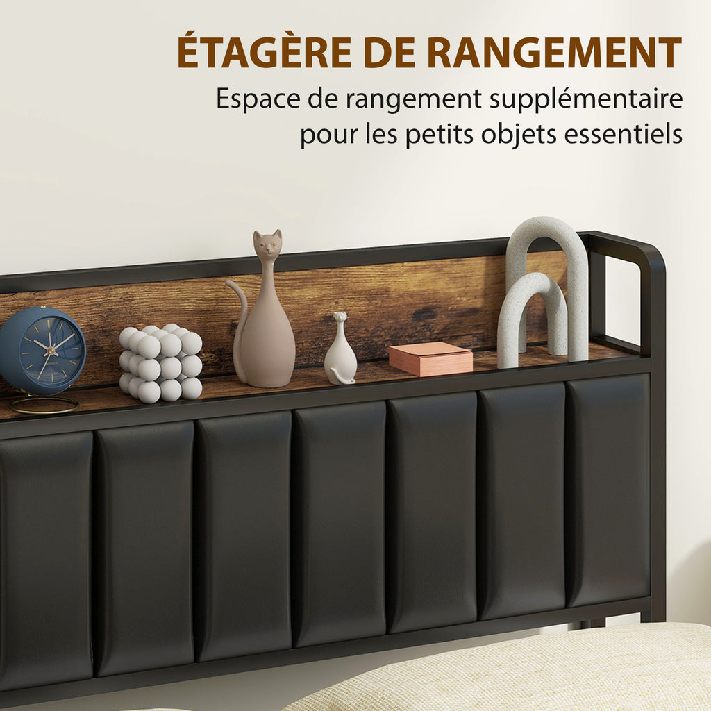Cadre de lit 140 x 190 cm avec sommier à lattes en métal, lit double rembourré avec 4 tiroirs et étagère, noir-4
