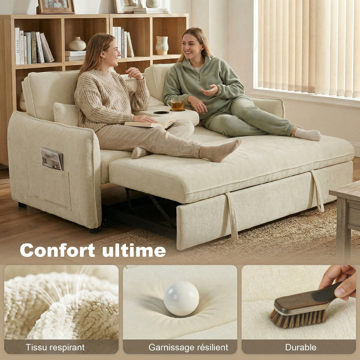 Canapé convertible 2 places 3 en 1, canapé-lit clic clac en chenille avec dossier réglable, porte-gobelets, beige-5