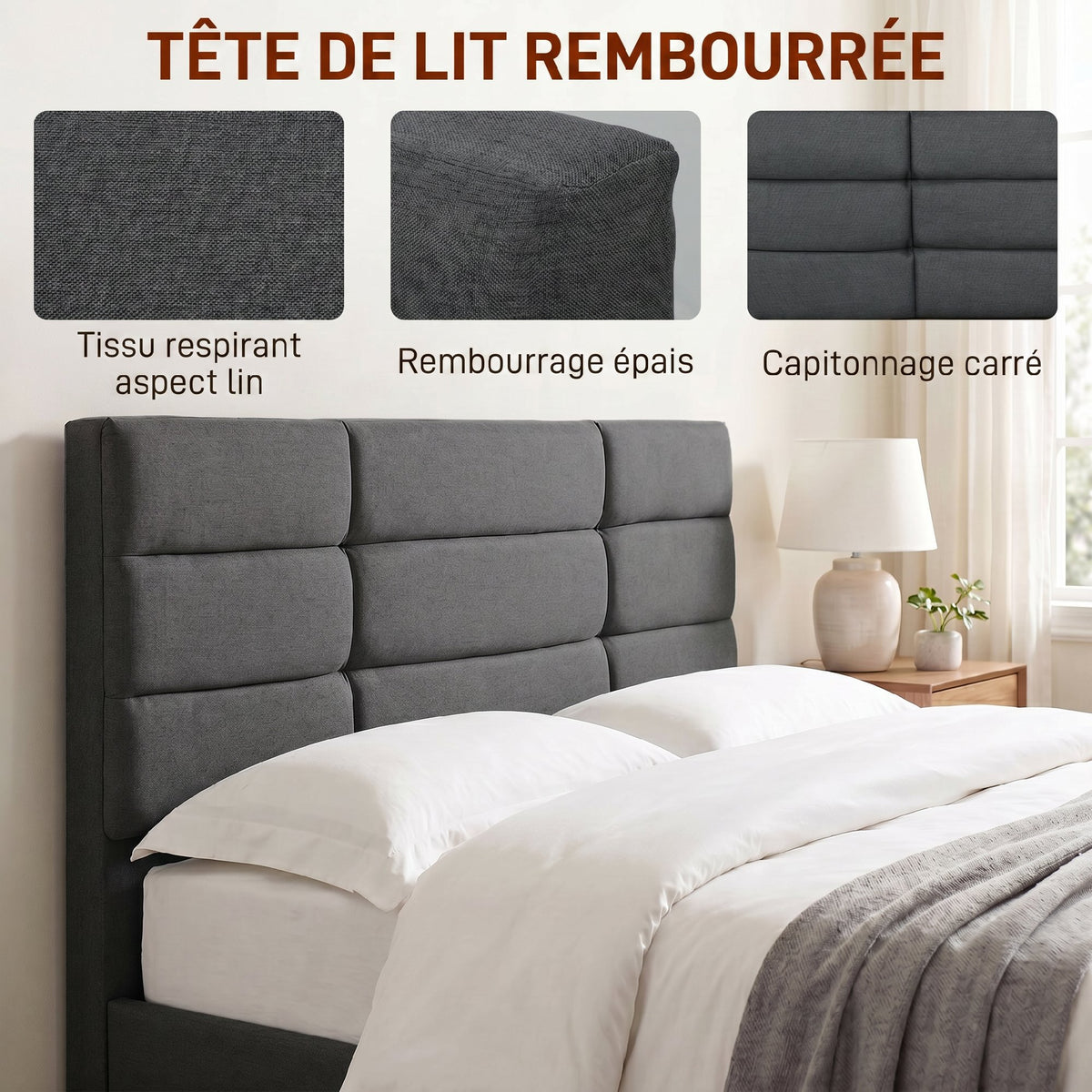 Cadre de Lit 140 x 200 cm avec Sommier Bois, Lit Double Rembourré en Effet Lin, Rangement au-dessous, Sans Bruit, Gris-3