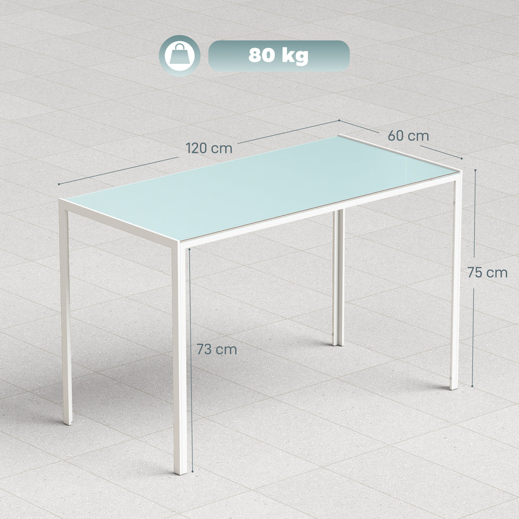 Table à manger pour 4 personnes, table de cuisine avec plateau en verre trempé et pieds en métal, 120x60x75cm, blanc-2