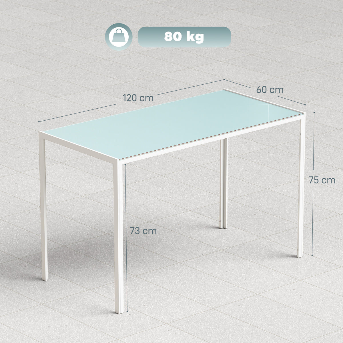 Table à manger pour 4 personnes, table de cuisine avec plateau en verre trempé et pieds en métal, 120x60x75cm, blanc-2