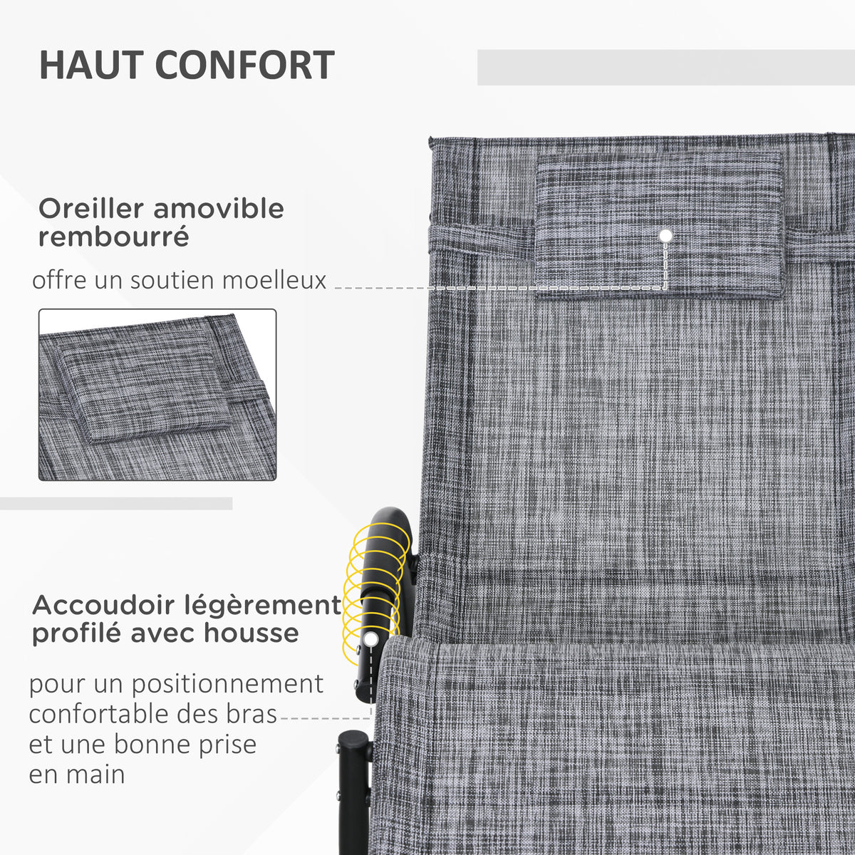 Chaise longue à bascule avec tétière utilisation extérieure intérieure gris chiné-3