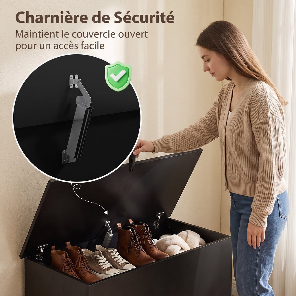 Coffre de Rangement, Banc de Rangement avec Couvercle Rabattable et Charnières de Sécurité, 80 x 40 x 45 cm, Noir-4