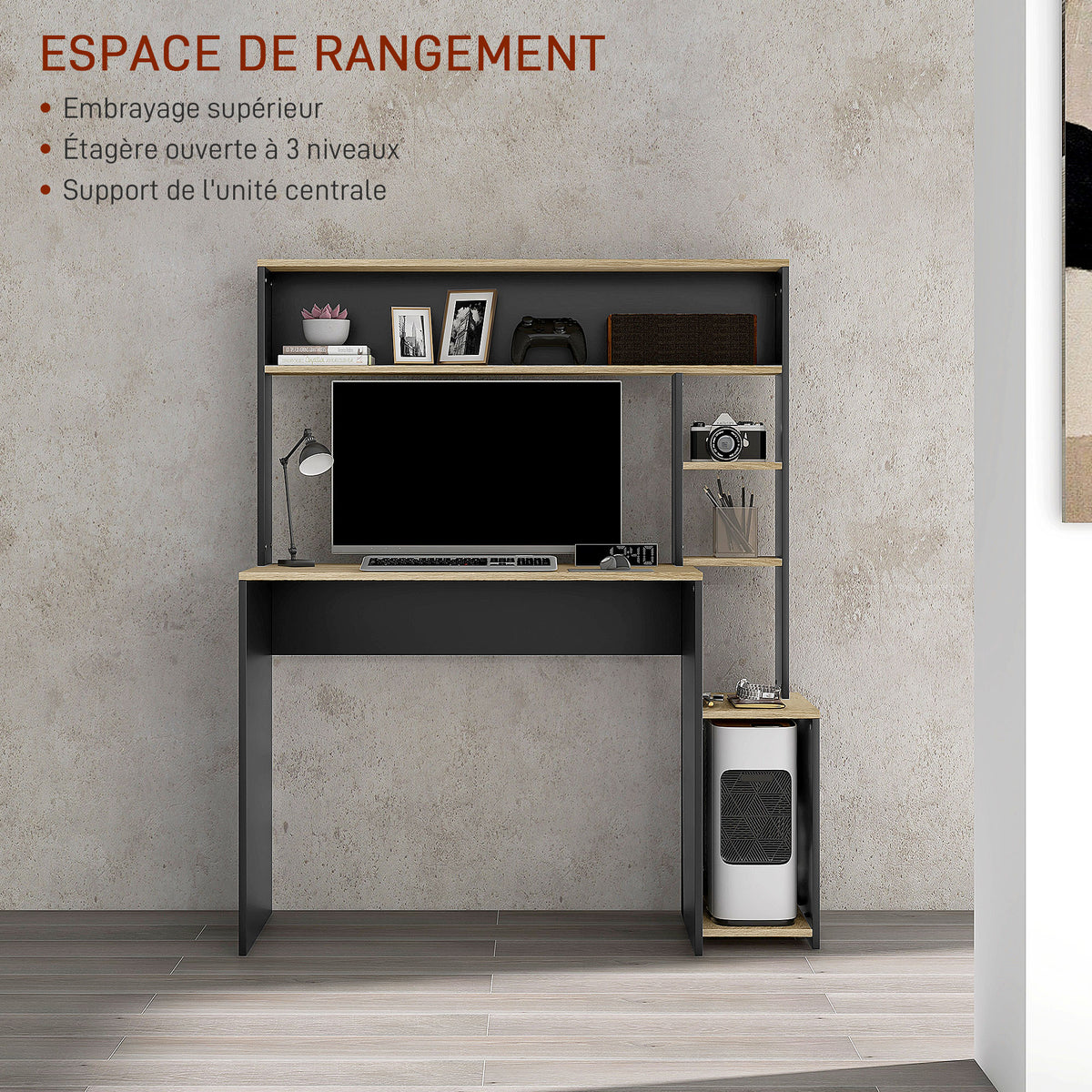 Bureau multi-rangements avec étagères, support pour unité centrale, grand bureau, 114L x 45l x 138H cm-3