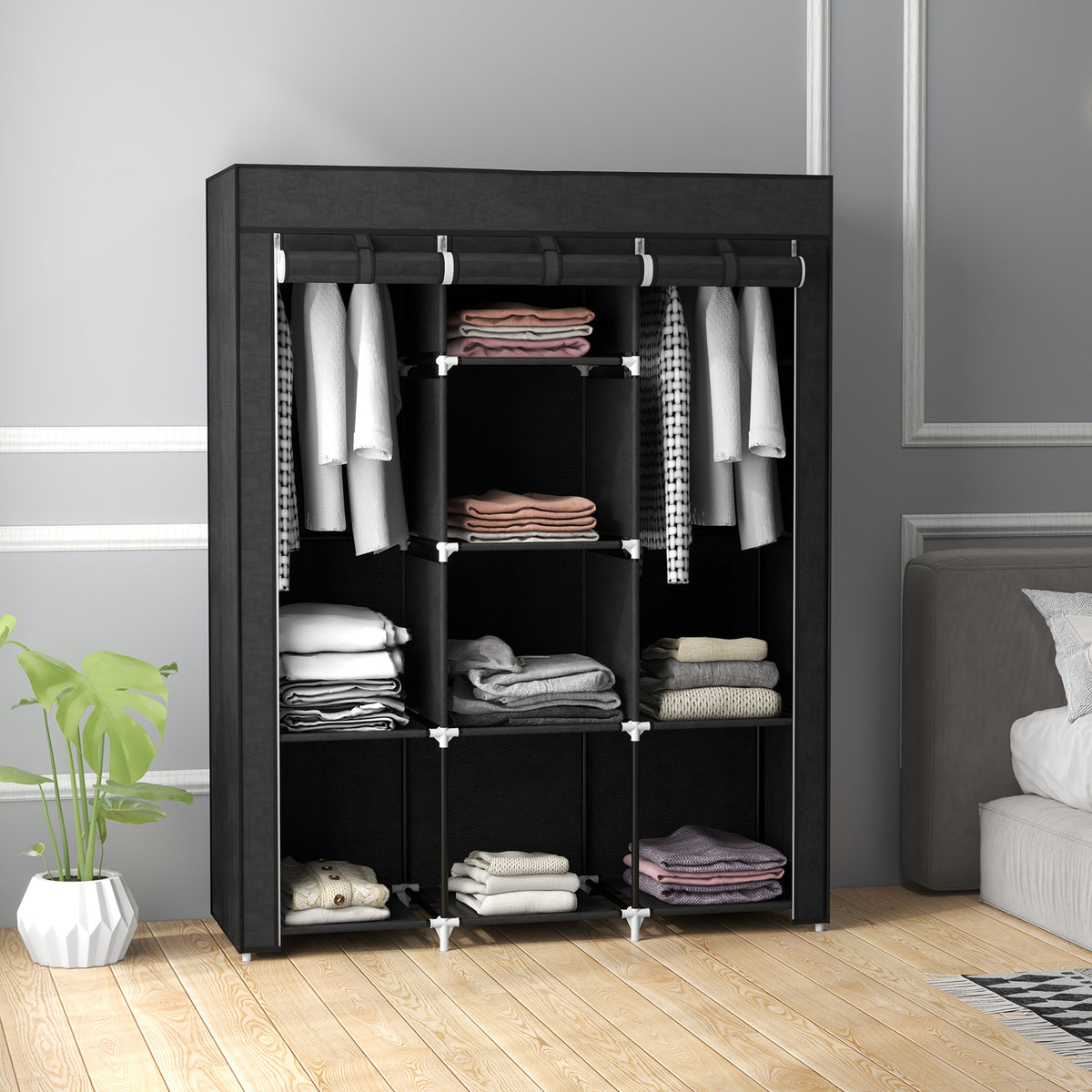 Armoire penderie multi-rangement - 8 étagères, 2 barres - non tissé noir-9