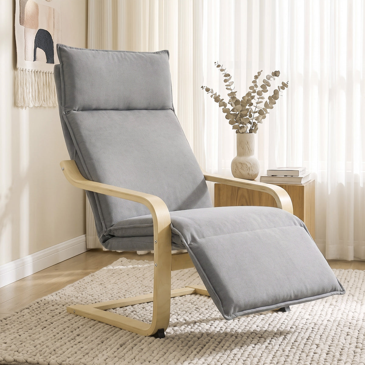 Fauteuil Salon, Fauteuil d'Appoint Rembourré en Lin avec Repose-Pieds, Assise Large, Bascule Douce, Dossier Haut, Gris-1