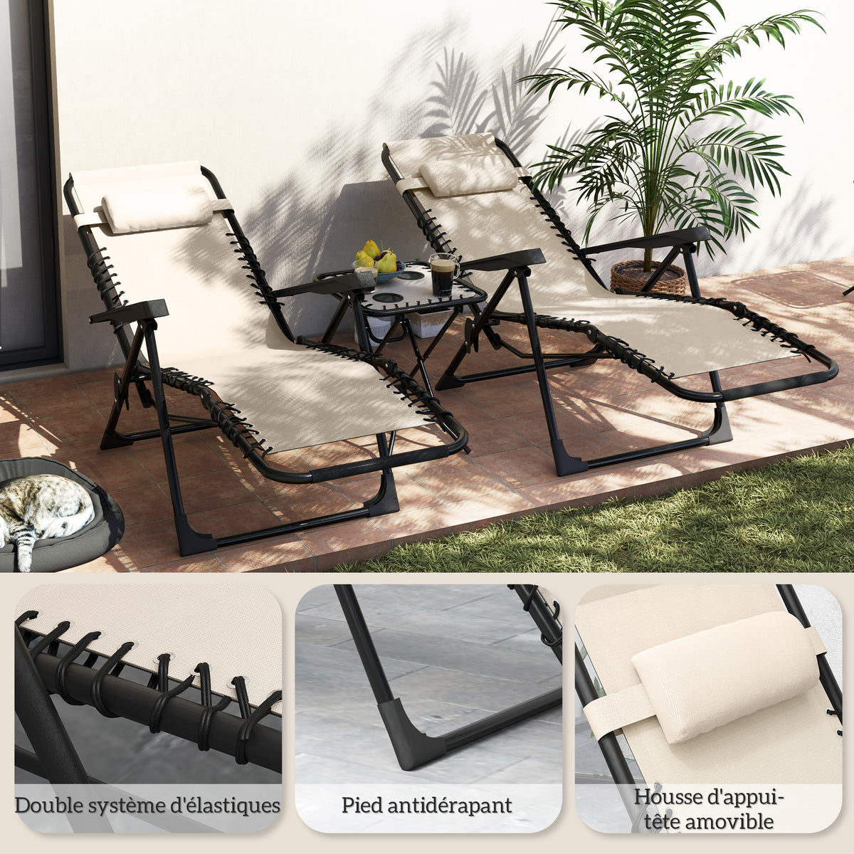 Lot de 2 chaise longue pliable et inclinable avec table d'appoint, porte-gobelets et appuie-têtes, charge 120 kg, beige-7