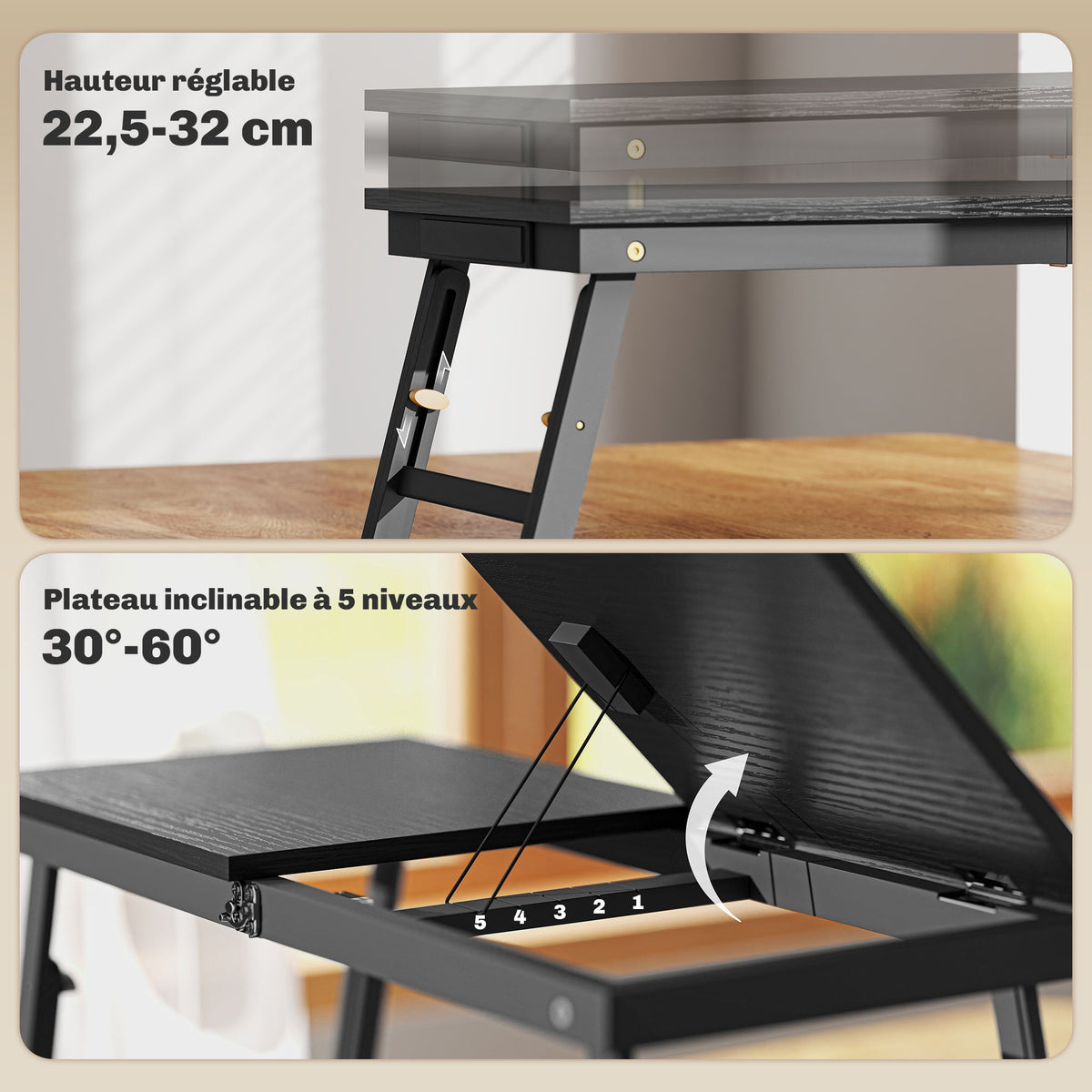 Table de lit pliable et réglable, plateau de lit pour ordinateur portable en bambou plateau inclinable 83,5x33x34cm noir-3