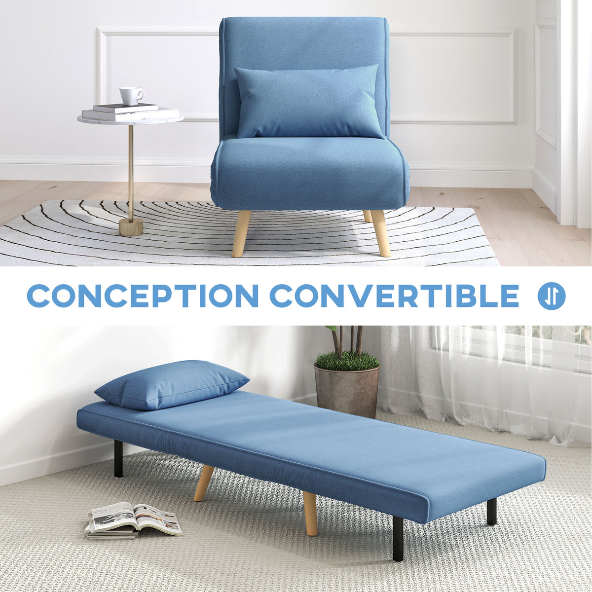 Fauteuil chauffeuse convertible 3 en 1 lit fauteuil lit 1 place dossier 5 positions en tissu avec coussin, bleu-3