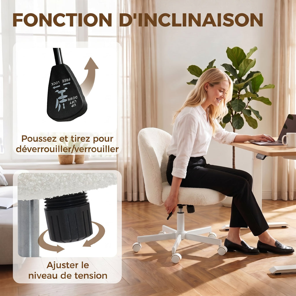 Chaise de Bureau Ergonomique, Fauteuil de Bureau Inclinable en Tissu Bouclette Sans Accoudoirs, Hauteur Réglable, Crème-4