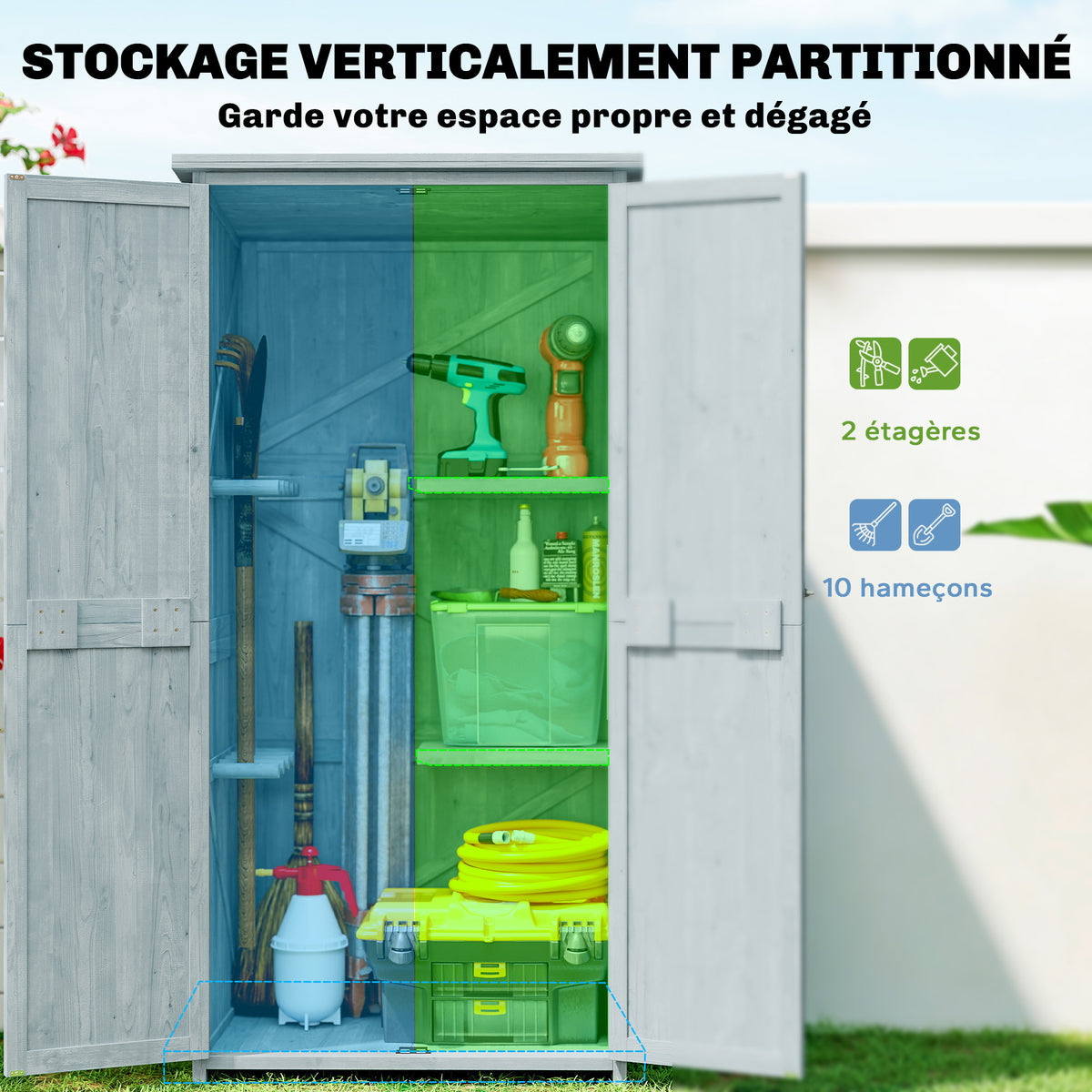 Armoire de jardin, armoire extérieure de rangement en bois avec 2 portes verrouillables, 2 étagères et 10 crochets, gris-3