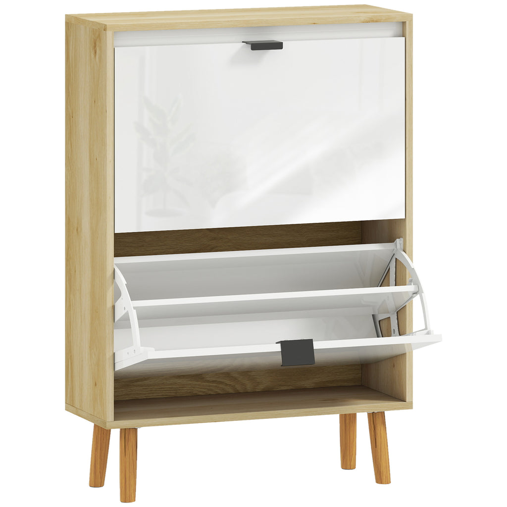 Meuble à chaussures, armoire à chaussures étroite, 2 tiroirs rabattables, portes haute brillante, 60x24x91cm, blanc-0