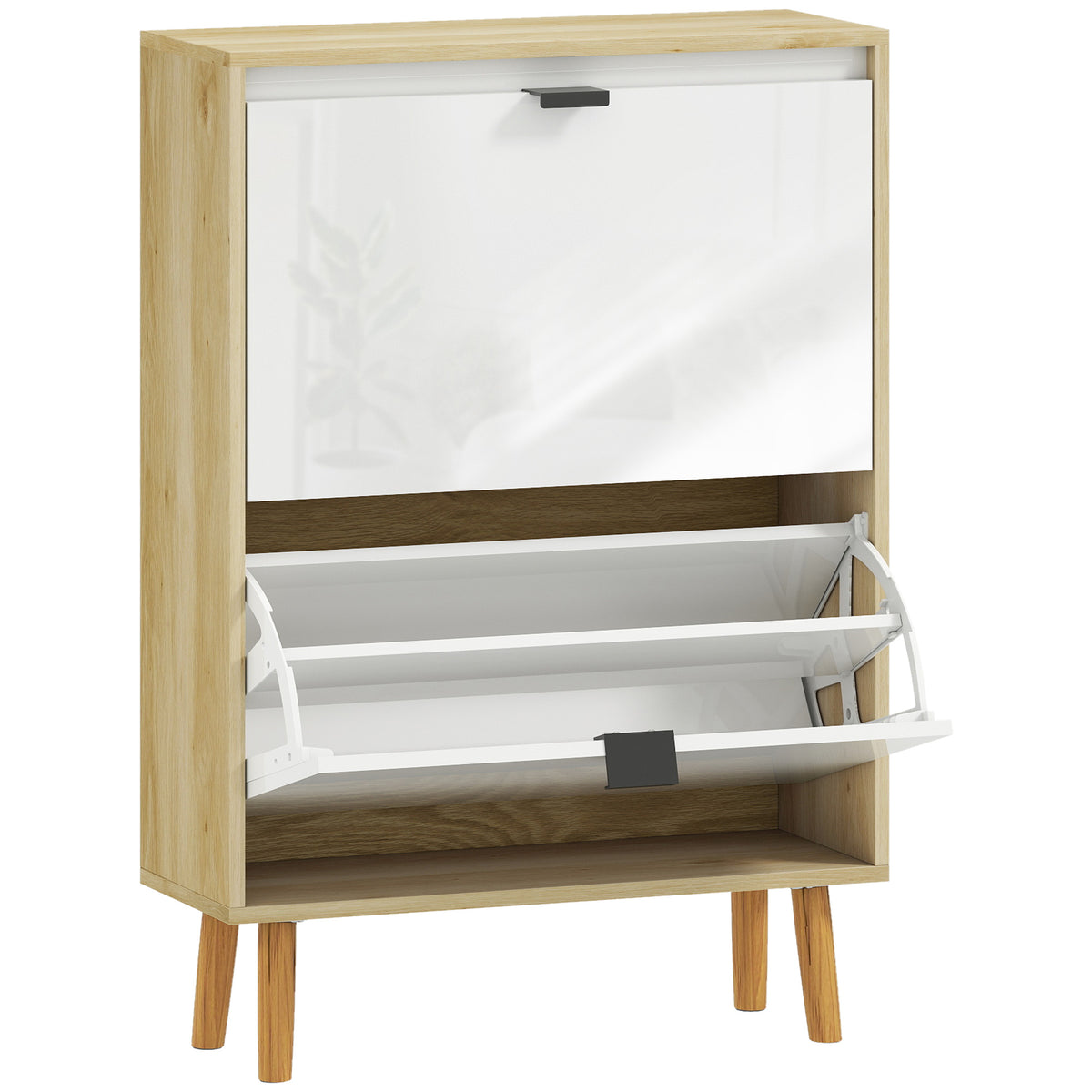 Meuble à chaussures, armoire à chaussures étroite, 2 tiroirs rabattables, portes haute brillante, 60x24x91cm, blanc-0
