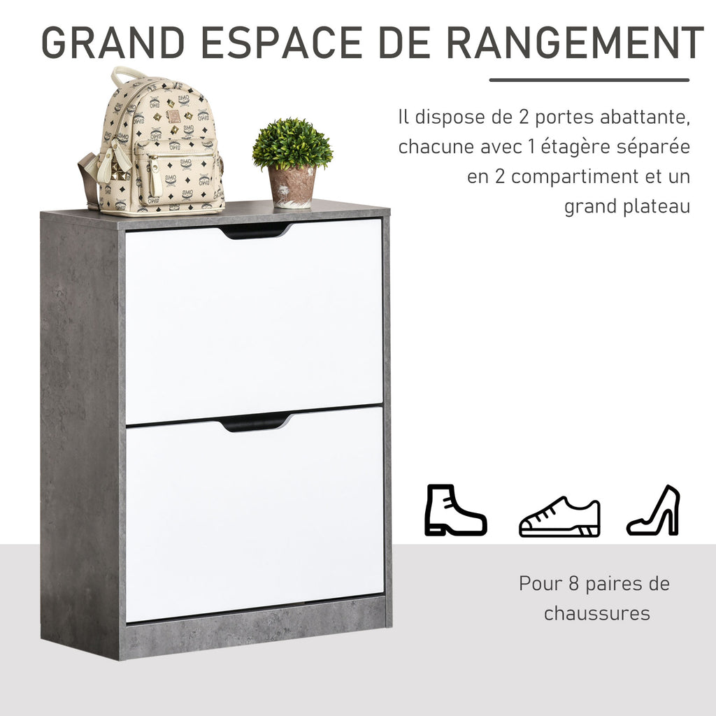 Meuble à chaussures meuble d'entrée placard de rangement, 2 portes abattantes, 62,5 x 26 x 81 cm, gris et blanc-3