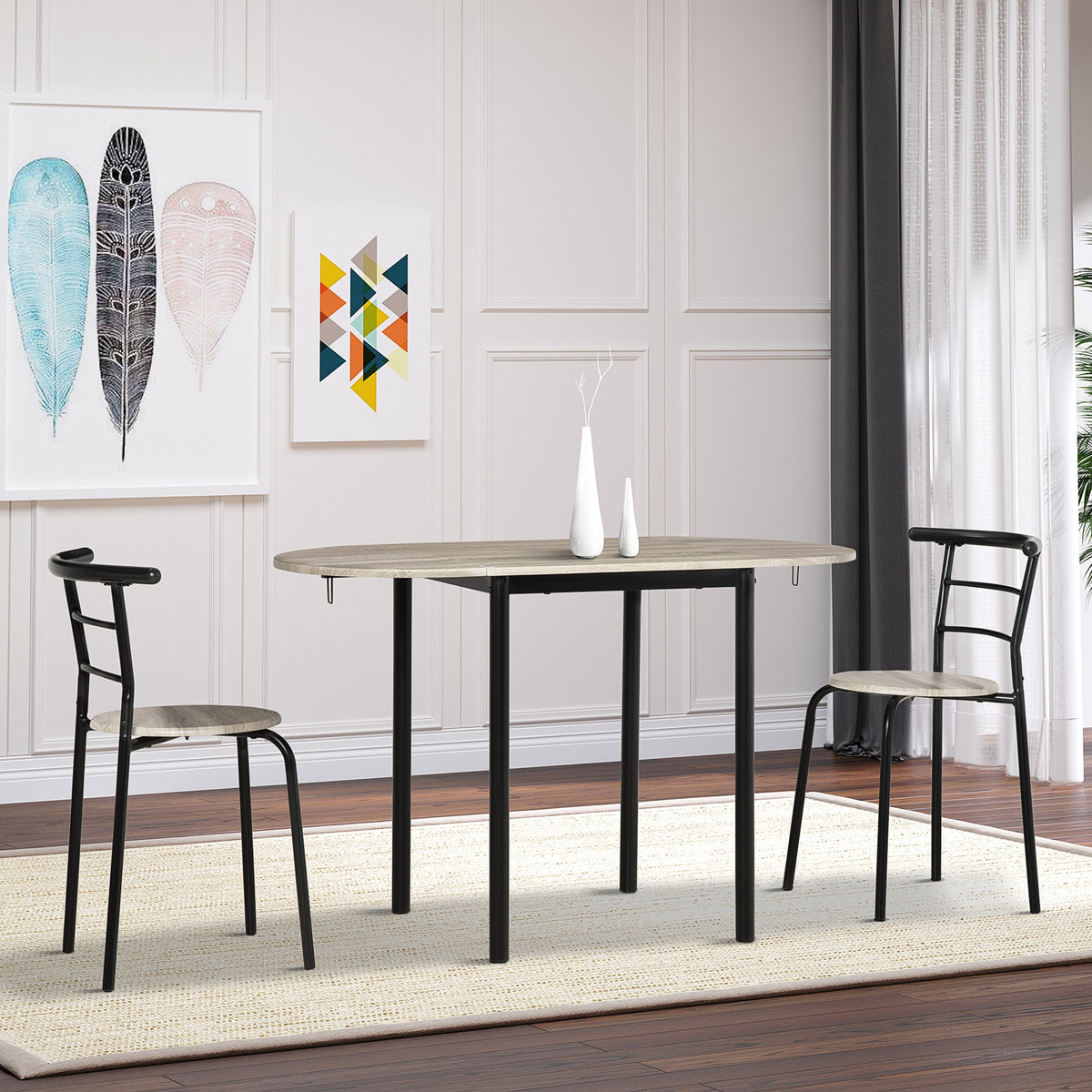 Ensemble table ovale extensible et 2 chaises - table à rabats - métal et MDF - noir et naturel-1