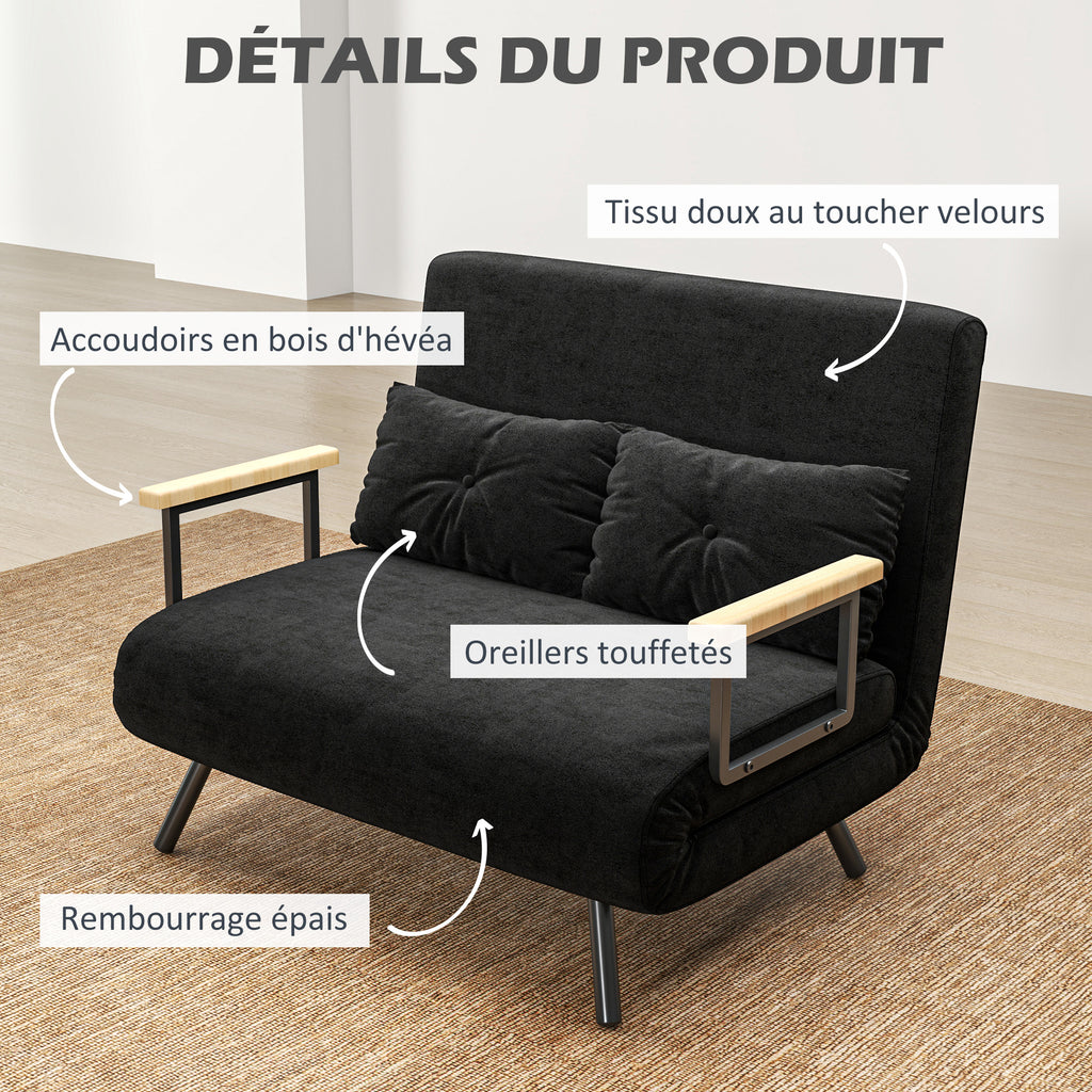 Canapé convertible 2 places 4 en 1, canapé-lit avec dossier réglable sur 5 niveaux, 2 coussins, 102 x 73 x 81 cm, noir-5