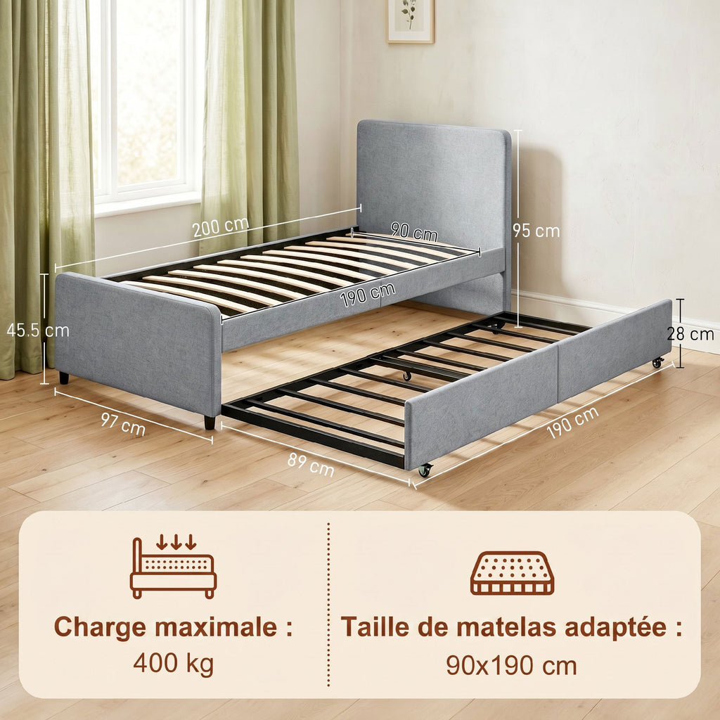 Lit gigogne 90 x 190 cm, cadre de lit simple/double avec sommier à lattes en bois, tête et pied rembourrés, gris clair-2
