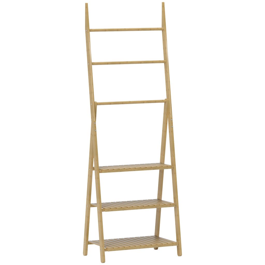 Étagère salle de bain en bambou pliable 3 niveaux étagère à échelle porte-serviettes 53,5x30x153cm effet bois naturel-0