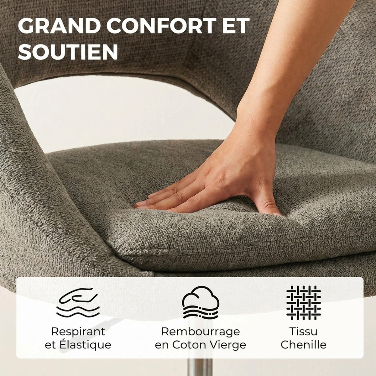 Chaise Bureau Ergonomique en Chenille, Hauteur Réglable, Accoudoirs Intégrés, Pivotant 360°, 59x60x79-89cm, Vert Foncé-3