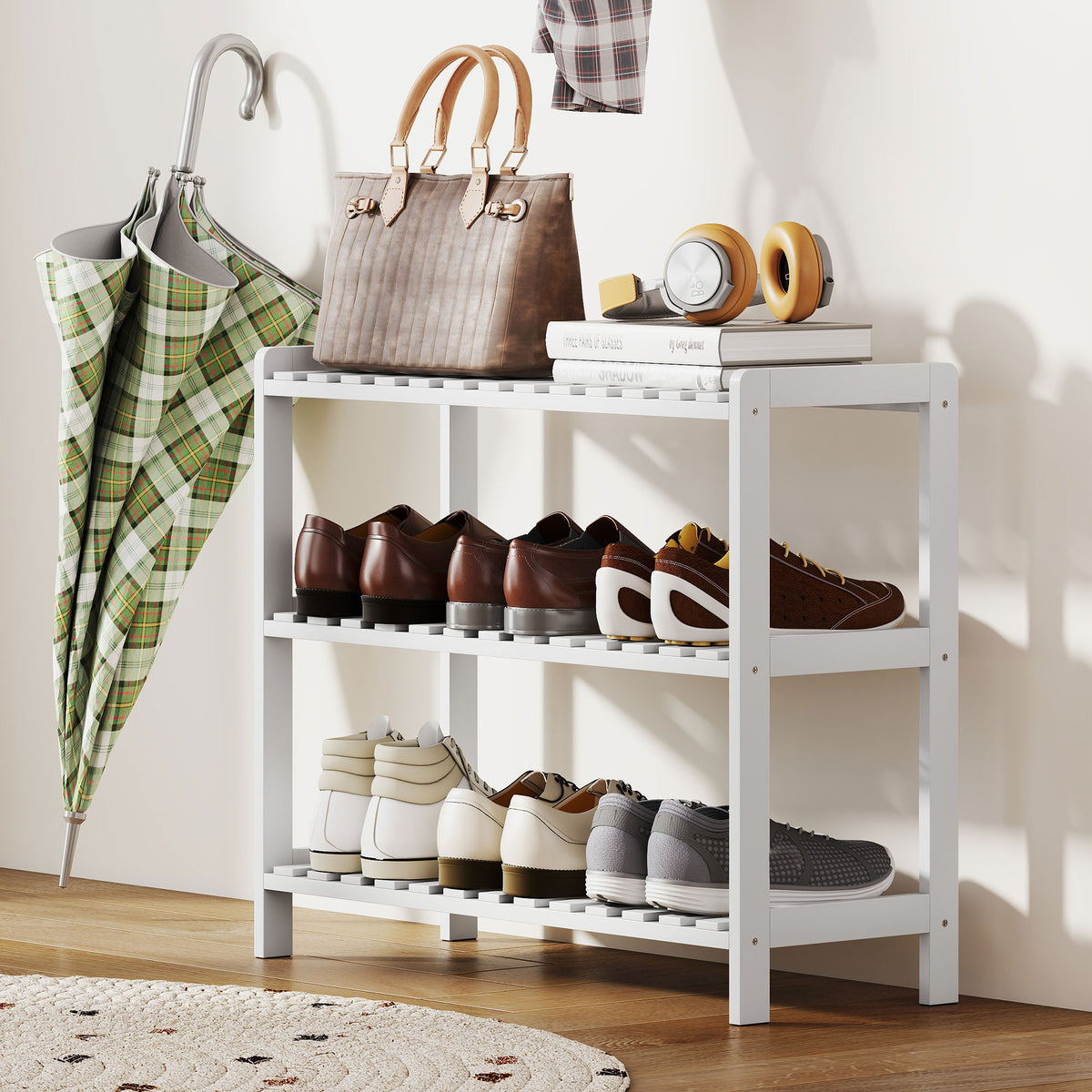 Étagère à chaussures, porte-chaussures 3 niveaux, étagères à lattes, en bois de pin， 70 x 26 x 57,5 cm, blanc-7