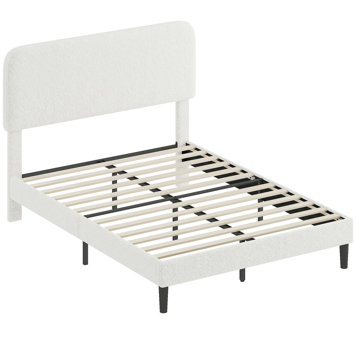 Cadre de Lit 140x190cm avec Sommier, Tête de Lit Réglable, Lit Double Rembourré en Velours Teddy, Lattes en Métal, Blanc-0