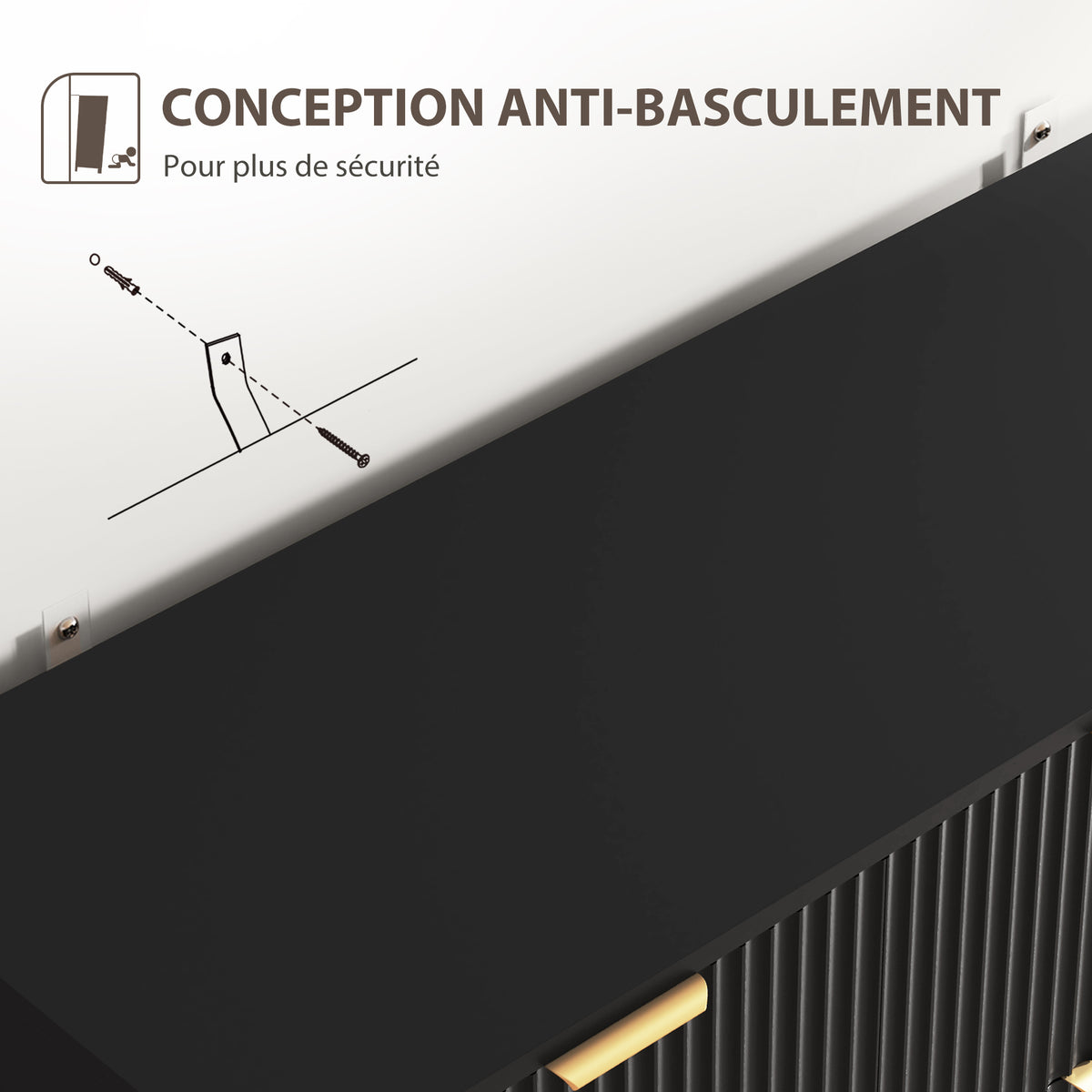 Buffet meuble cuisine rangement avec 3 tiroirs, étagères réglables, placards à portes cannelées, 120 x 40 x 90 cm, noir-8