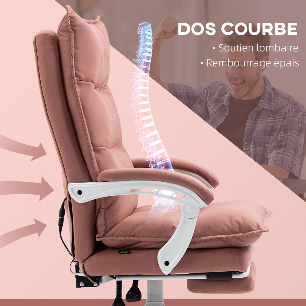 Fauteuil de bureau massant et chauffant, chaise de bureau, hauteur réglable, dossier inclinable, 66x74x121,5cm rose-4