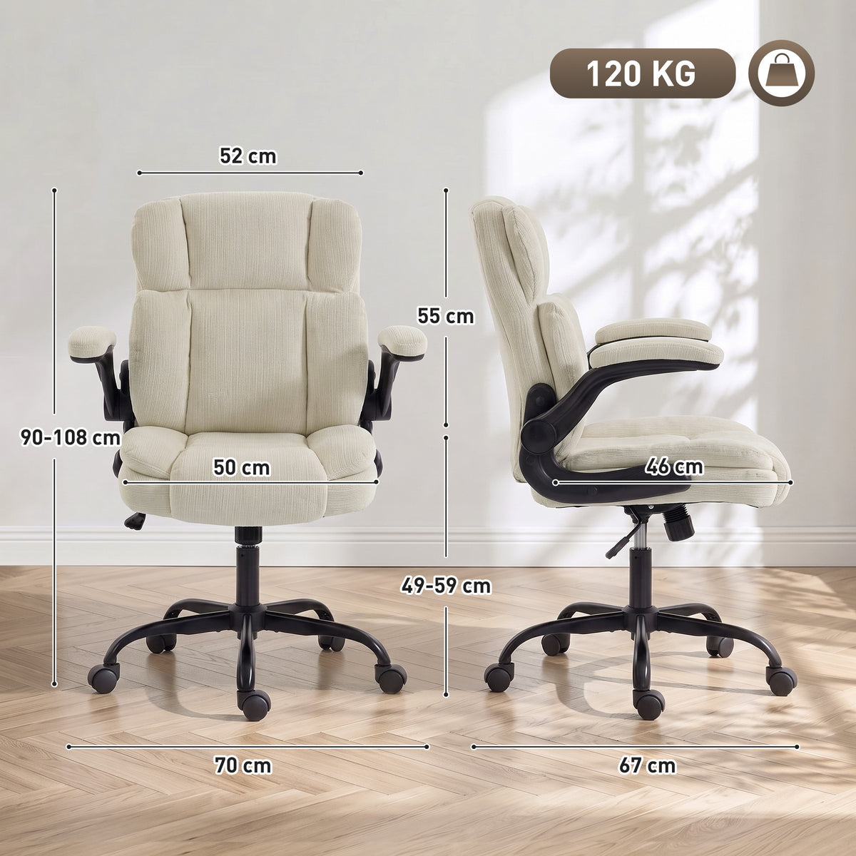 Chaise de Bureau Ergonomique en Chenille, Fonction Bascule, Accoudoirs Relevables, Hauteur Réglable, 70x67x108cm, Beige-2