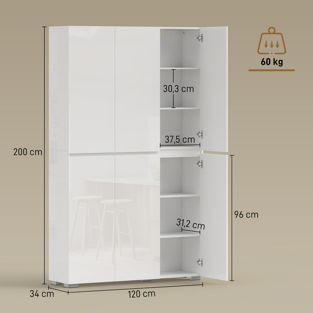 Buffet haut cuisine armoire de cuisine à haute brillance 6 portes à fermeture douce étagères réglables blanc-2