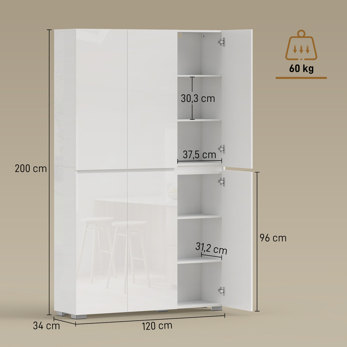 Buffet haut cuisine armoire de cuisine à haute brillance 6 portes à fermeture douce étagères réglables blanc-2