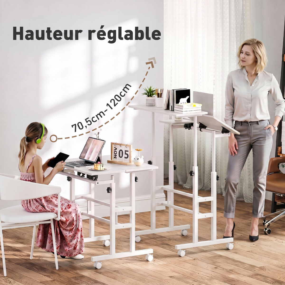 Bureau Assis-Debout, Bureau Réglable en Hauteur 70 x 60 cm, à Roulettes avec Plateau Inclinable, 70x60x70,5-120cm, Blanc-3