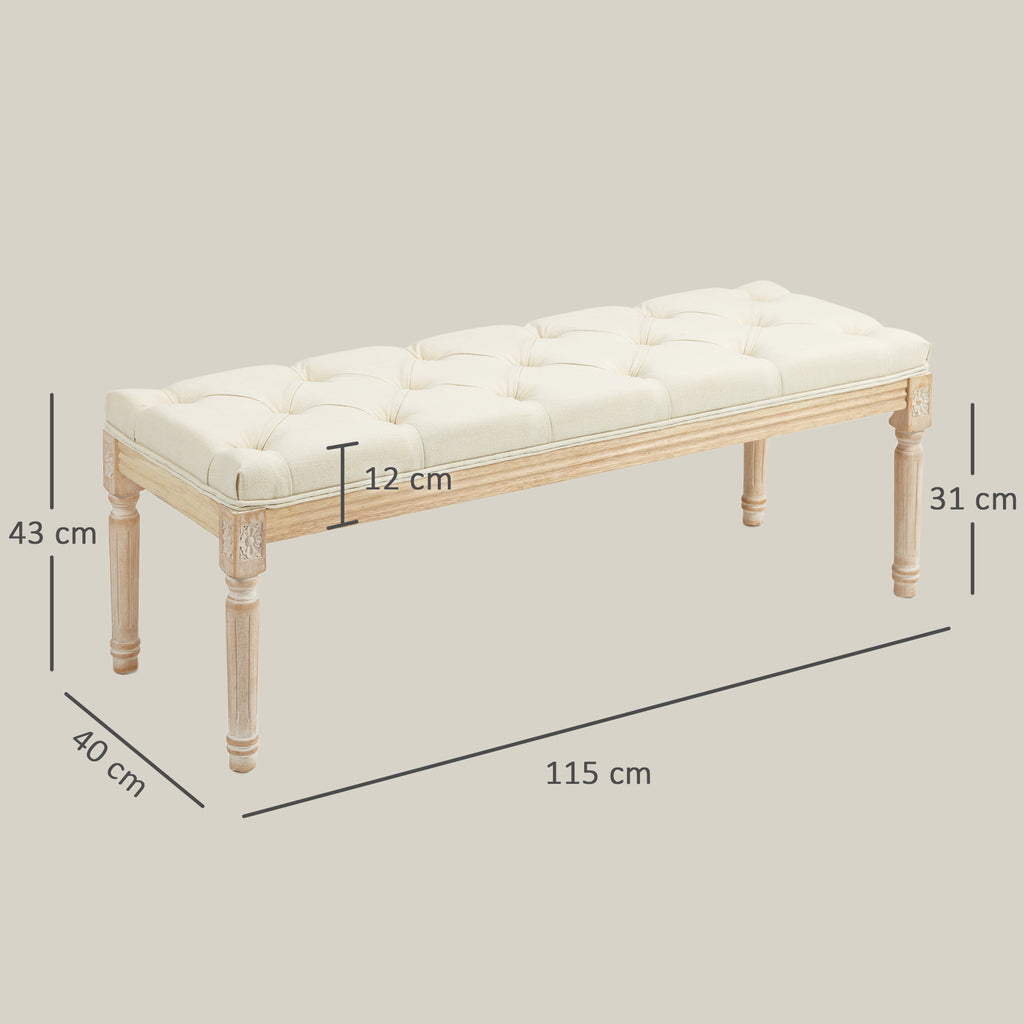 Banc Banquette classique capitonné 115cm bout de lit Rembourrée en lin - bois d'hévéa sculpté, patiné - crème-2