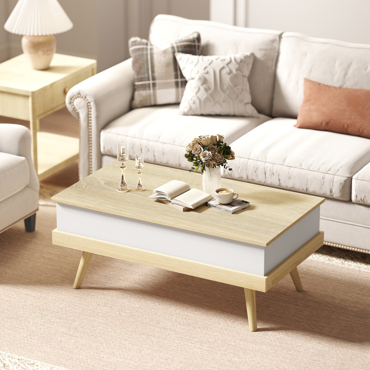 Table Basse Relevable avec 3 Compartiments Cachés, Table de Salon Moderne, Pieds en Bois, 100x79x54cm, Naturel Blanc-7