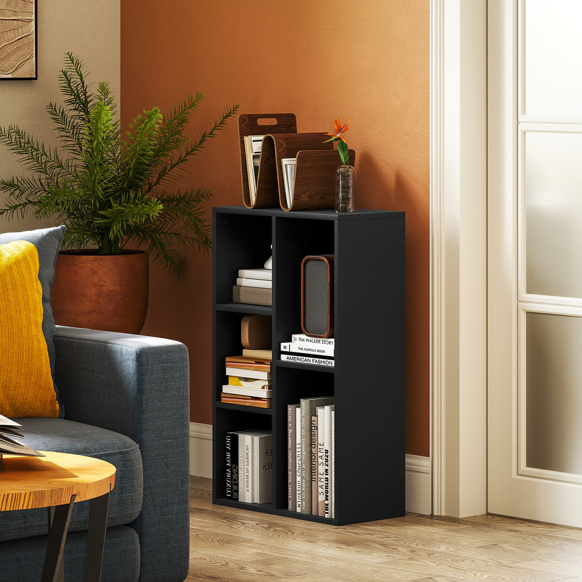 Bibliothèque étagère de rangement avec 5 compartiments, pour salon chambre à coucher bureau, 50x24x80cm, noir-1