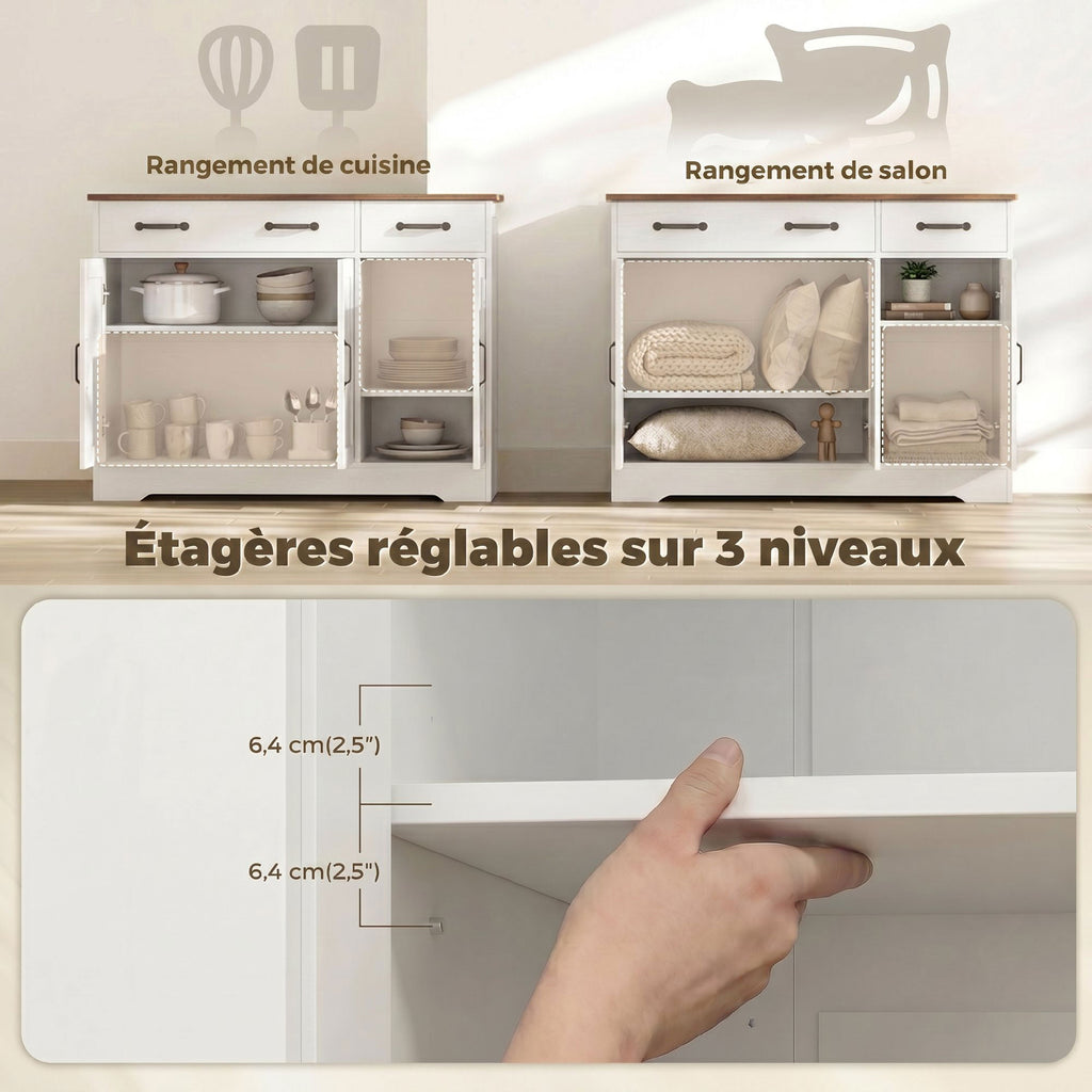 Buffet cuisine, meuble de rangement avec 3 portes de grange, 2 tiroirs et étagères réglables, 108 x 40 x 81 cm, blanc-5