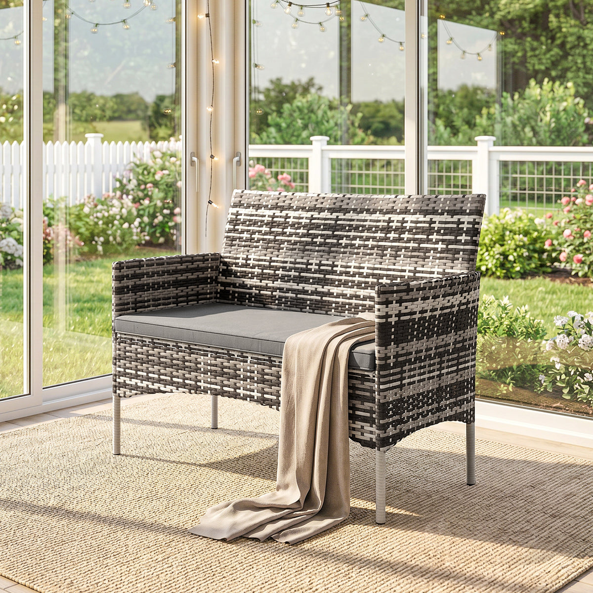 Canapé de jardin 2 places en résine tressée avec coussins canapé d'extérieur avec accoudoirs 115 x 63 x 85 cm gris clair-7