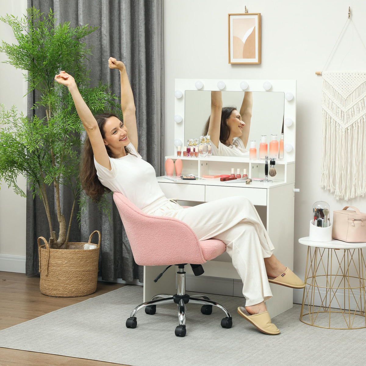 Chaise de bureau, fauteuil de bureau ergonomique, hauteur réglable, assise et dossier rembourrés, rose-1