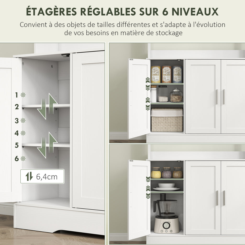 Armoire de cuisine scandinave avec placards, compartiments ouverts, portes vitrées et plan de travail, blanc-4