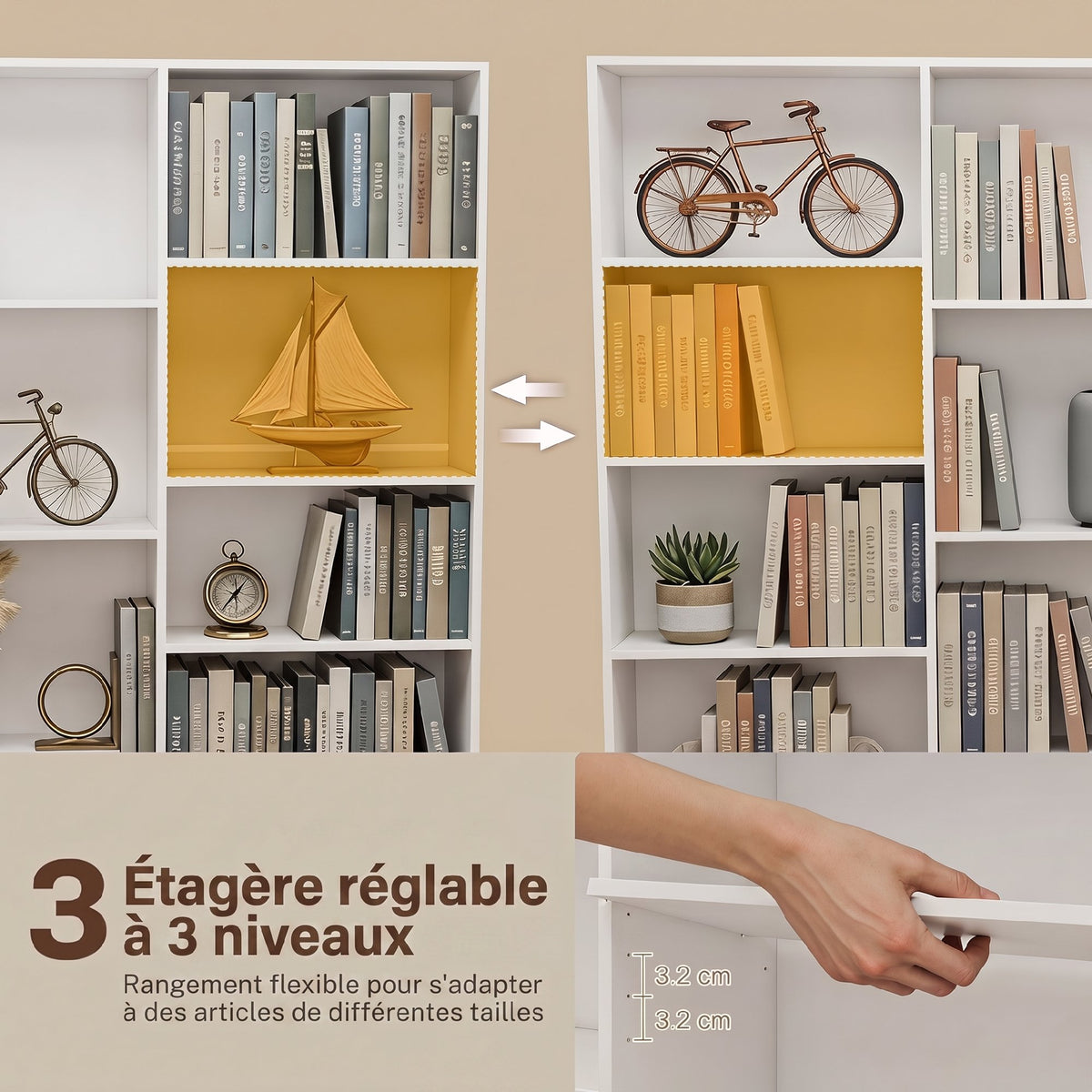 Bibliothèque 6 Niveaux, Étagère de Rangement avec 17 Compartiments et Étagères Réglables, 149 x 23,6 x 188 cm, Blanc-4