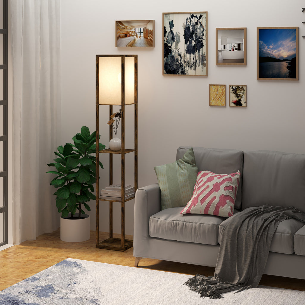 Lampadaire étagère Lampe étagère 26L x 26l x 160H cm 3 étagères 4 Niveaux MDF Blanc et Marron-1