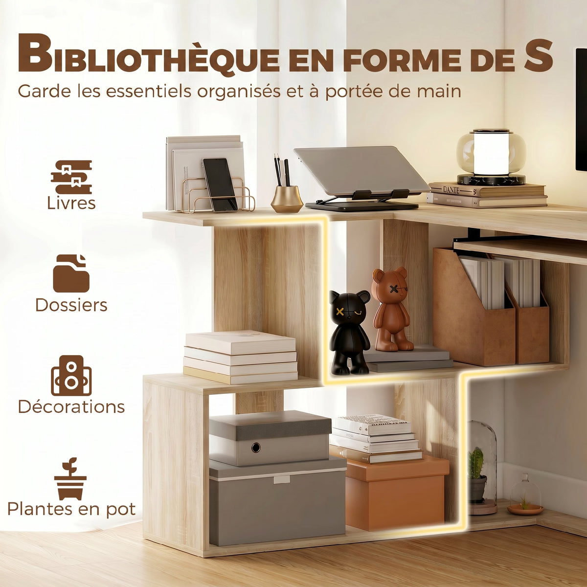 Bureau d'Angle, 120 x 100 x 76 cm, Bureau Informatique en L avec Plateau de Clavier, 4 Compartiments Ouverts, Naturel-4