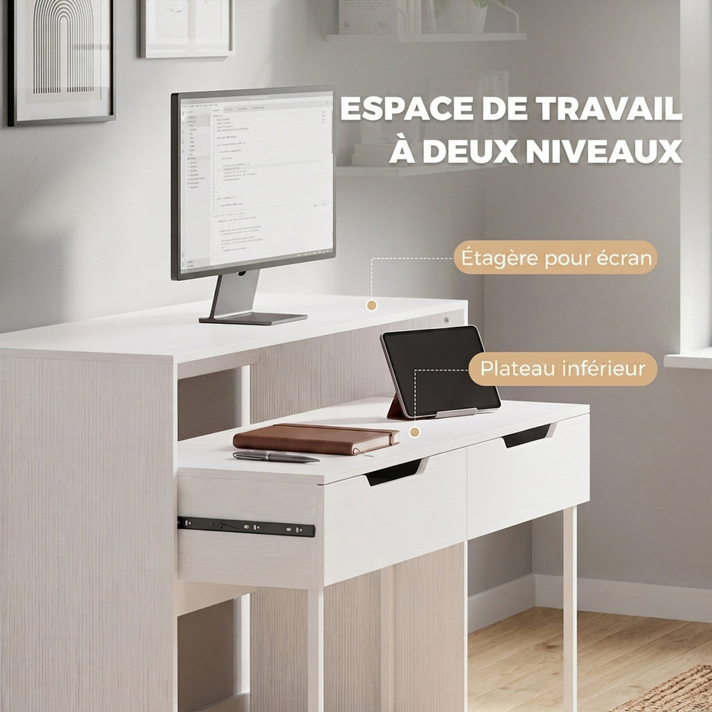 Bureau d'Ordinateur Extensible 100 cm avec 2 Tiroirs, Bureau avec Rangement, Style Moderne, Blanc-4