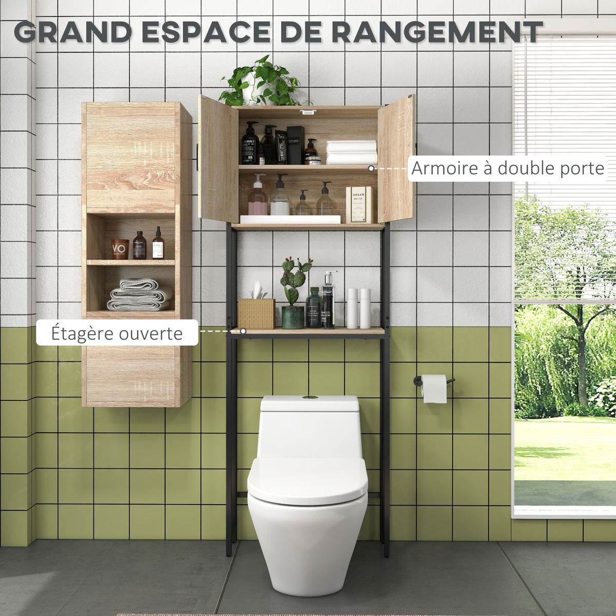 Étagère de toilettes meuble de salle de bain dessus toilette WC avec placard 2 portes et étagère ouverte-3