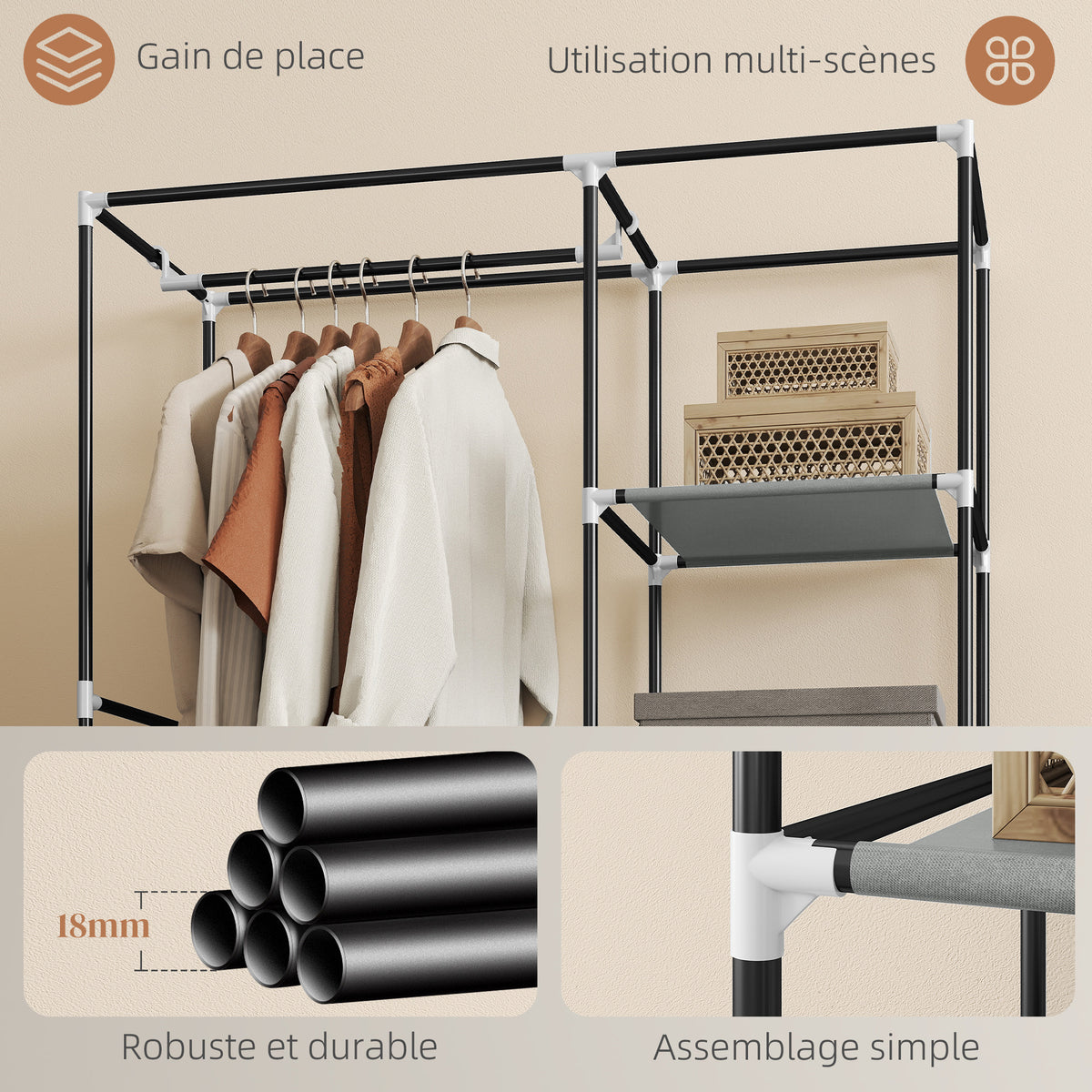 Armoire penderie multi-rangement - 6 étagères, 1 barre - non tissé gris clair-5