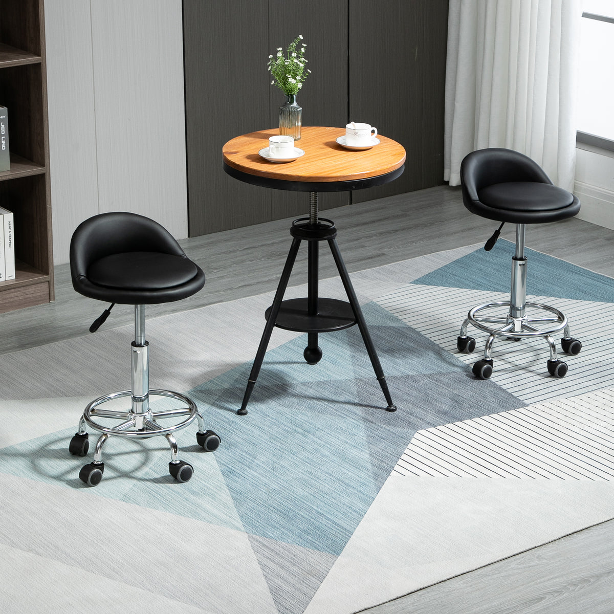 Lot de 2 tabouret à roulette pivotant 360°, assise réglable 47-62H cm, acier chromé revêtement synthétique noir-9