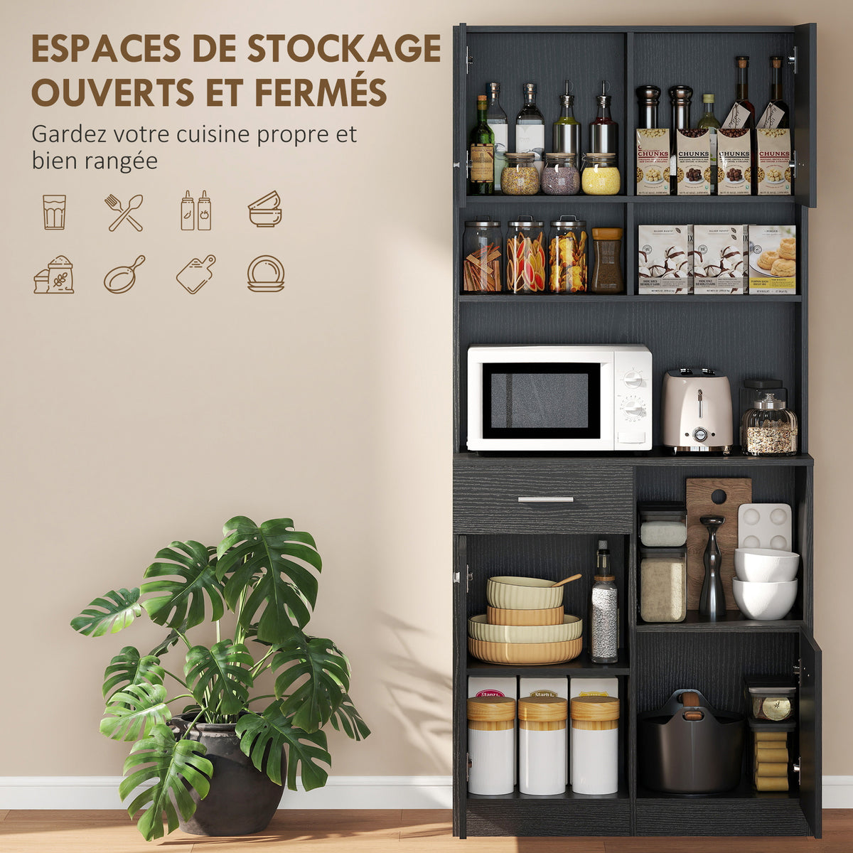 Buffet Haut Cuisine, Armoire de Cuisine avec 4 Portes à Fermeture Douce, Tiroir et Étagères Réglables, Noir-3